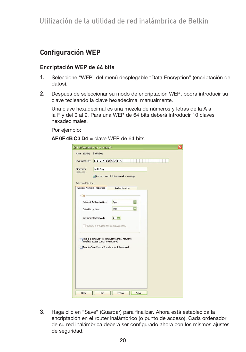 Configuración wep | Belkin F5D9050UK User Manual | Page 189 / 251