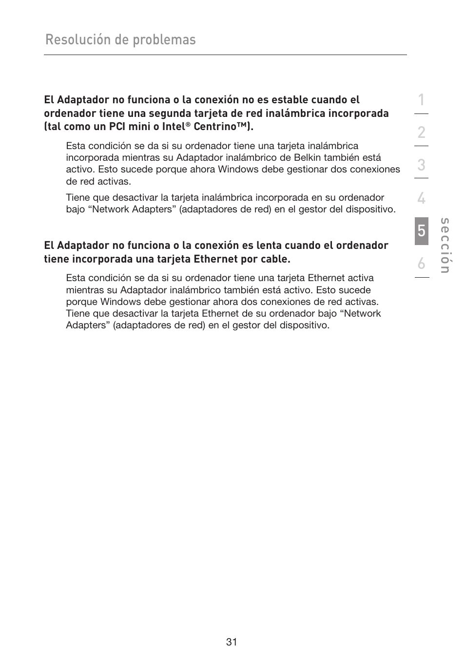 Resolución de problemas, Se cc ió n | Belkin F5D9050UK User Manual | Page 200 / 251