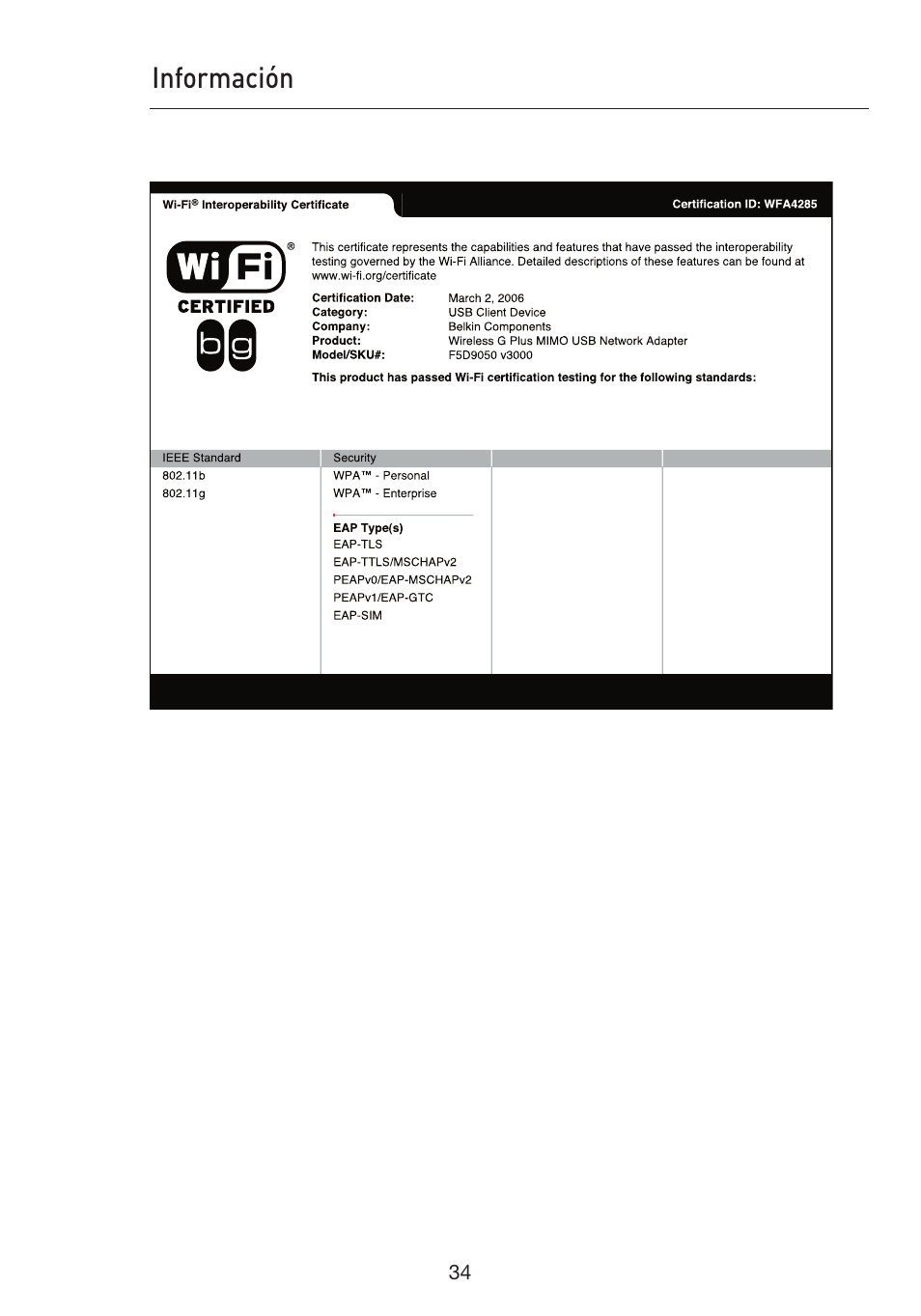 Información | Belkin F5D9050UK User Manual | Page 203 / 251