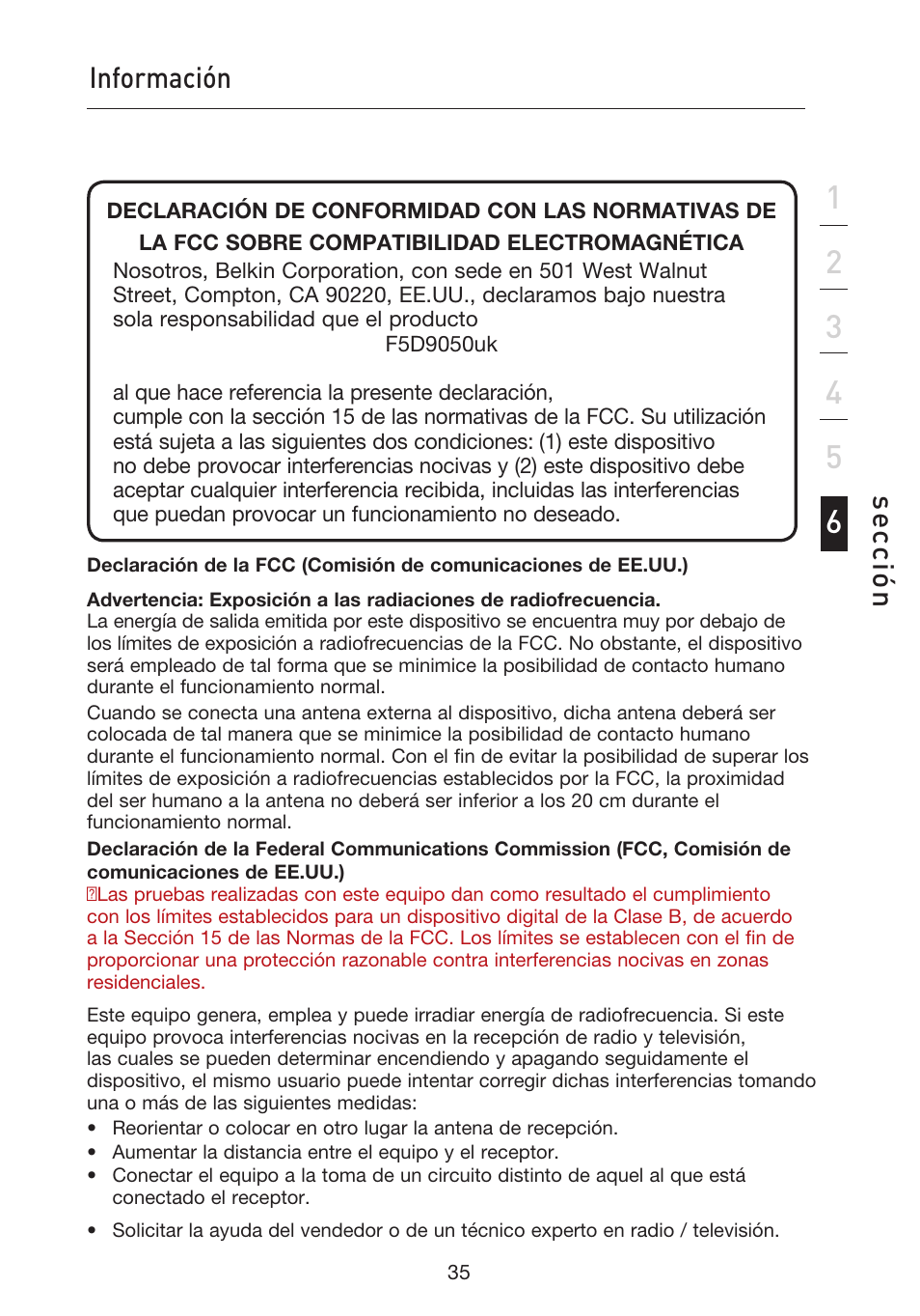 Información, Se cc ió n | Belkin F5D9050UK User Manual | Page 204 / 251