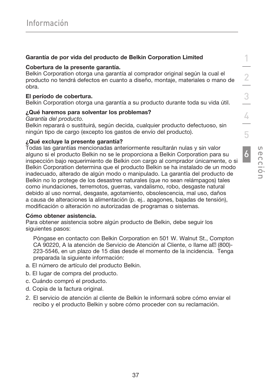 Información, Se cc ió n | Belkin F5D9050UK User Manual | Page 206 / 251