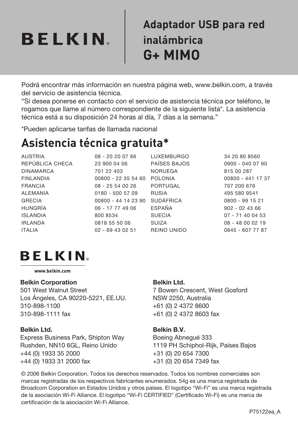 G+ mimo, Asistencia técnica gratuita, Adaptador usb para red inalámbrica | Belkin F5D9050UK User Manual | Page 209 / 251