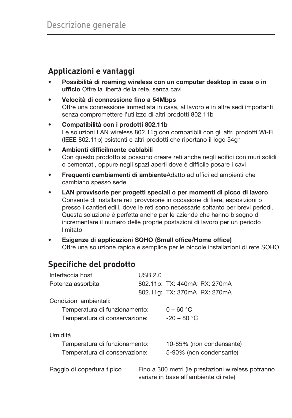Descrizione generale, Applicazioni e vantaggi, Specifiche del prodotto | Belkin F5D9050UK User Manual | Page 217 / 251
