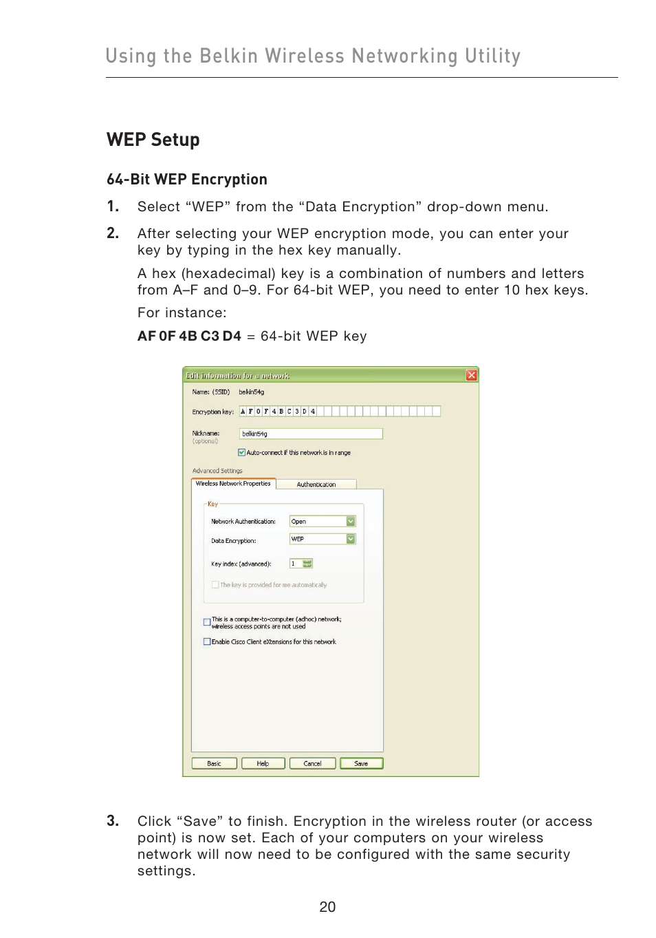 Using the belkin wireless networking utility, Wep setup | Belkin F5D9050UK User Manual | Page 22 / 251