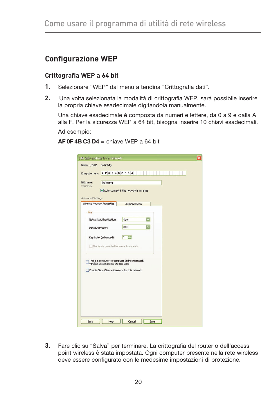 Configurazione wep | Belkin F5D9050UK User Manual | Page 231 / 251