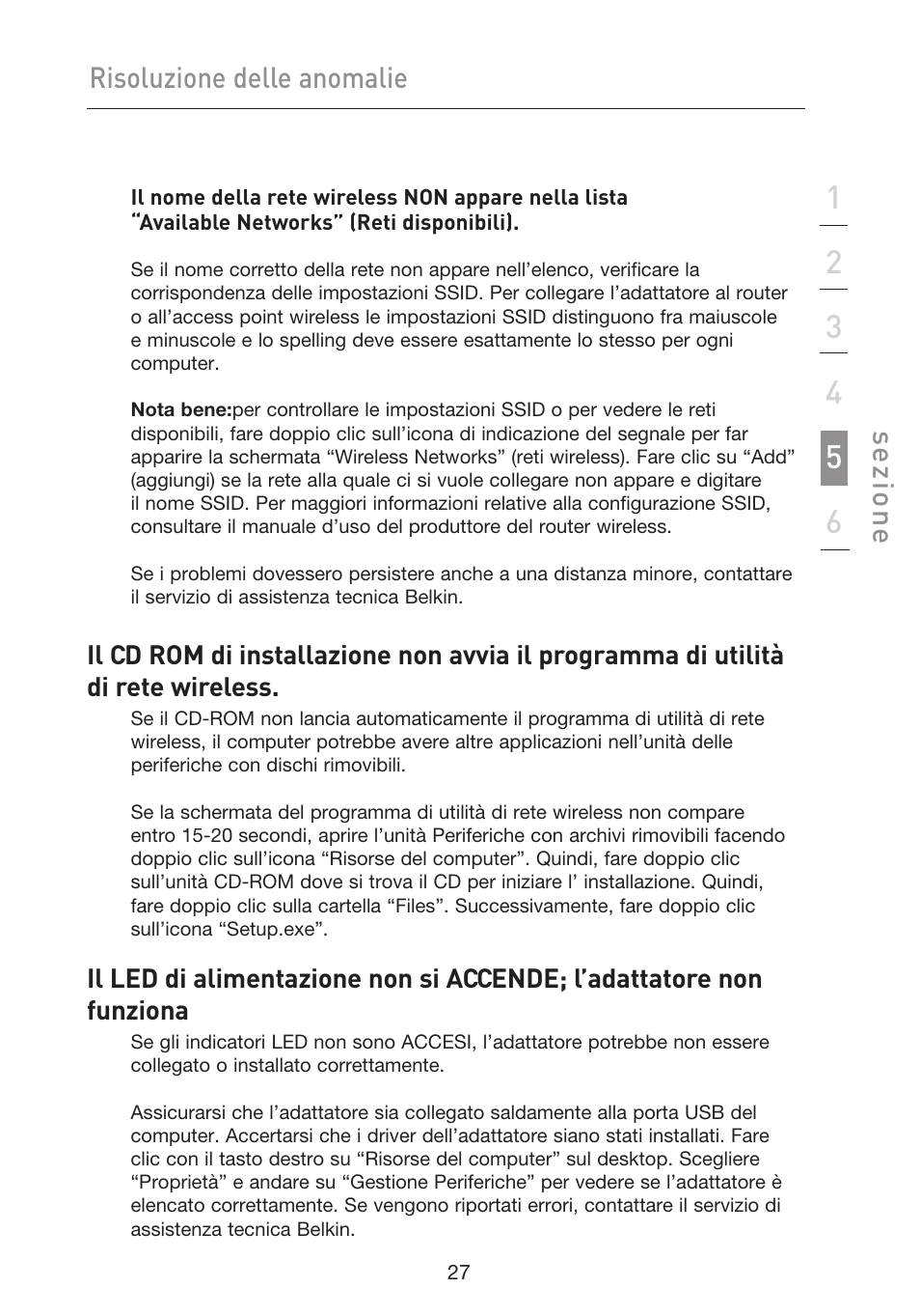Risoluzione delle anomalie, Se zio n e | Belkin F5D9050UK User Manual | Page 238 / 251
