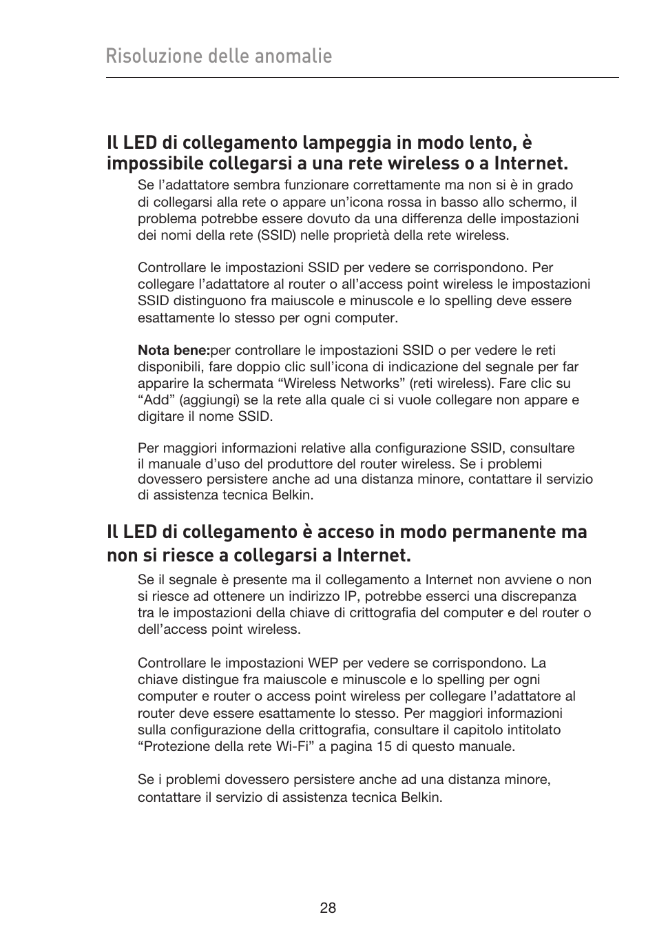 Risoluzione delle anomalie | Belkin F5D9050UK User Manual | Page 239 / 251