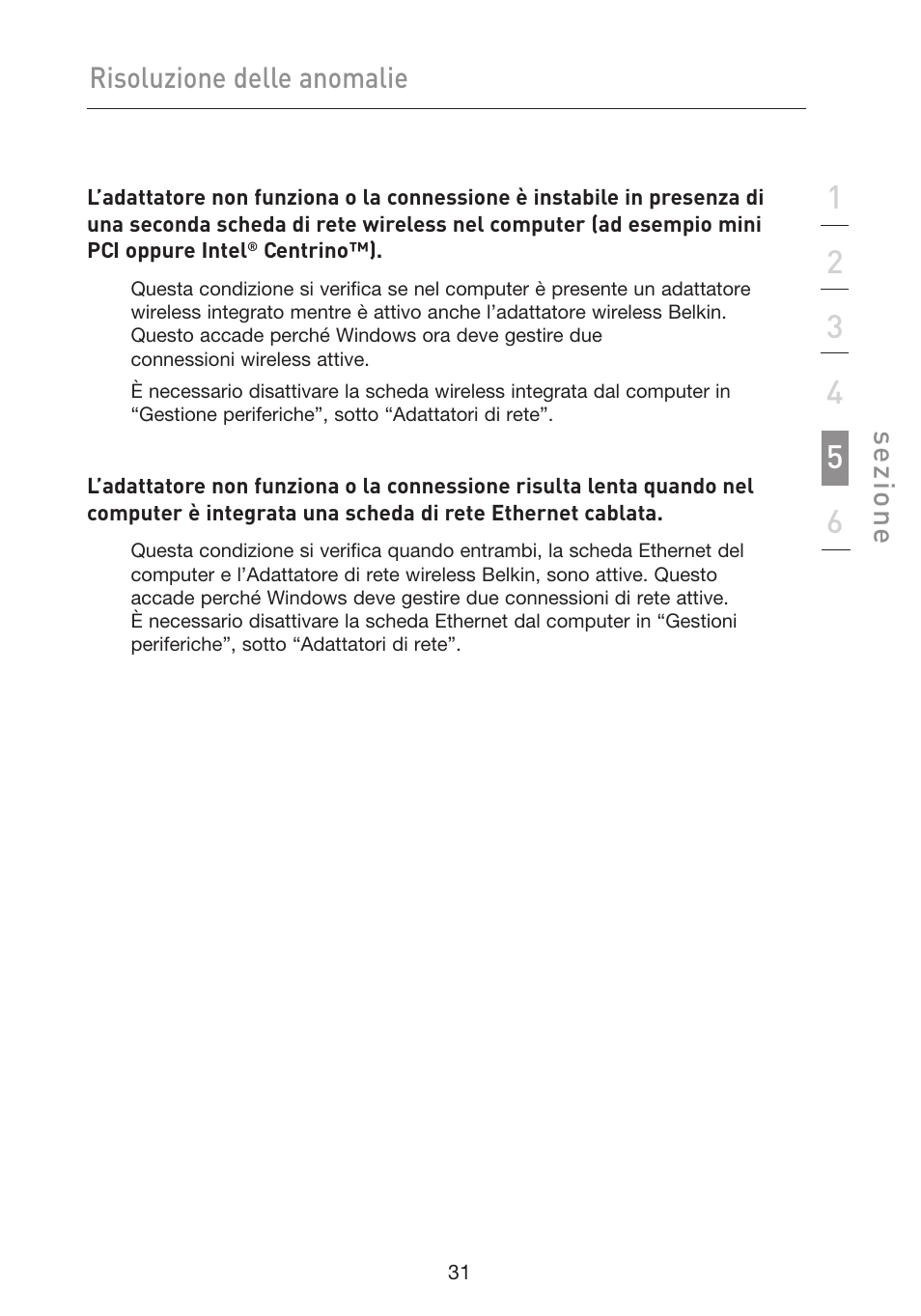 Risoluzione delle anomalie, Se zio n e | Belkin F5D9050UK User Manual | Page 242 / 251