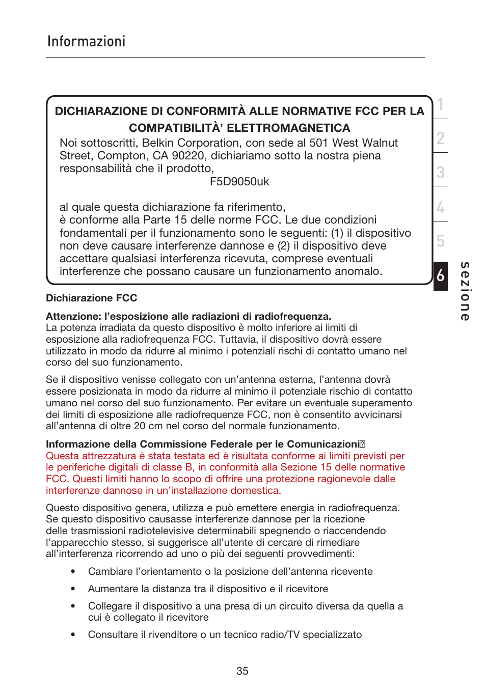 Informazioni, Se zio n e | Belkin F5D9050UK User Manual | Page 246 / 251