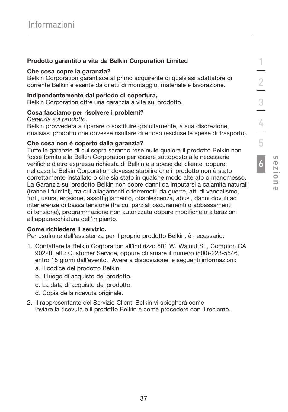 Informazioni, Se zio n e | Belkin F5D9050UK User Manual | Page 248 / 251