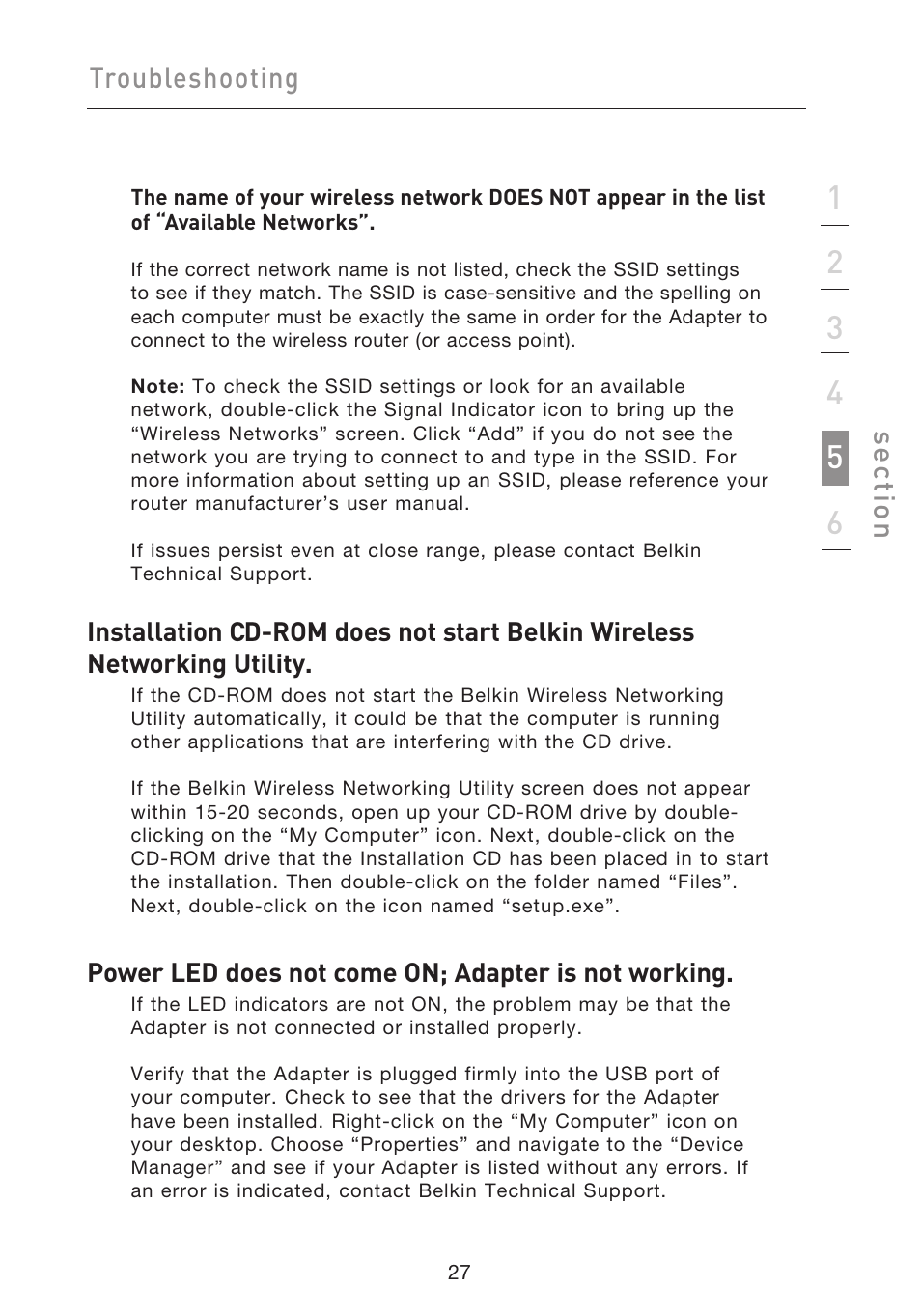 Troubleshooting, Se ct io n | Belkin F5D9050UK User Manual | Page 29 / 251