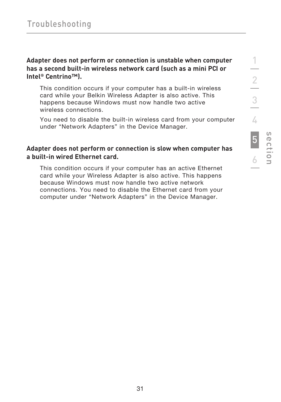 Troubleshooting, Se ct io n | Belkin F5D9050UK User Manual | Page 33 / 251