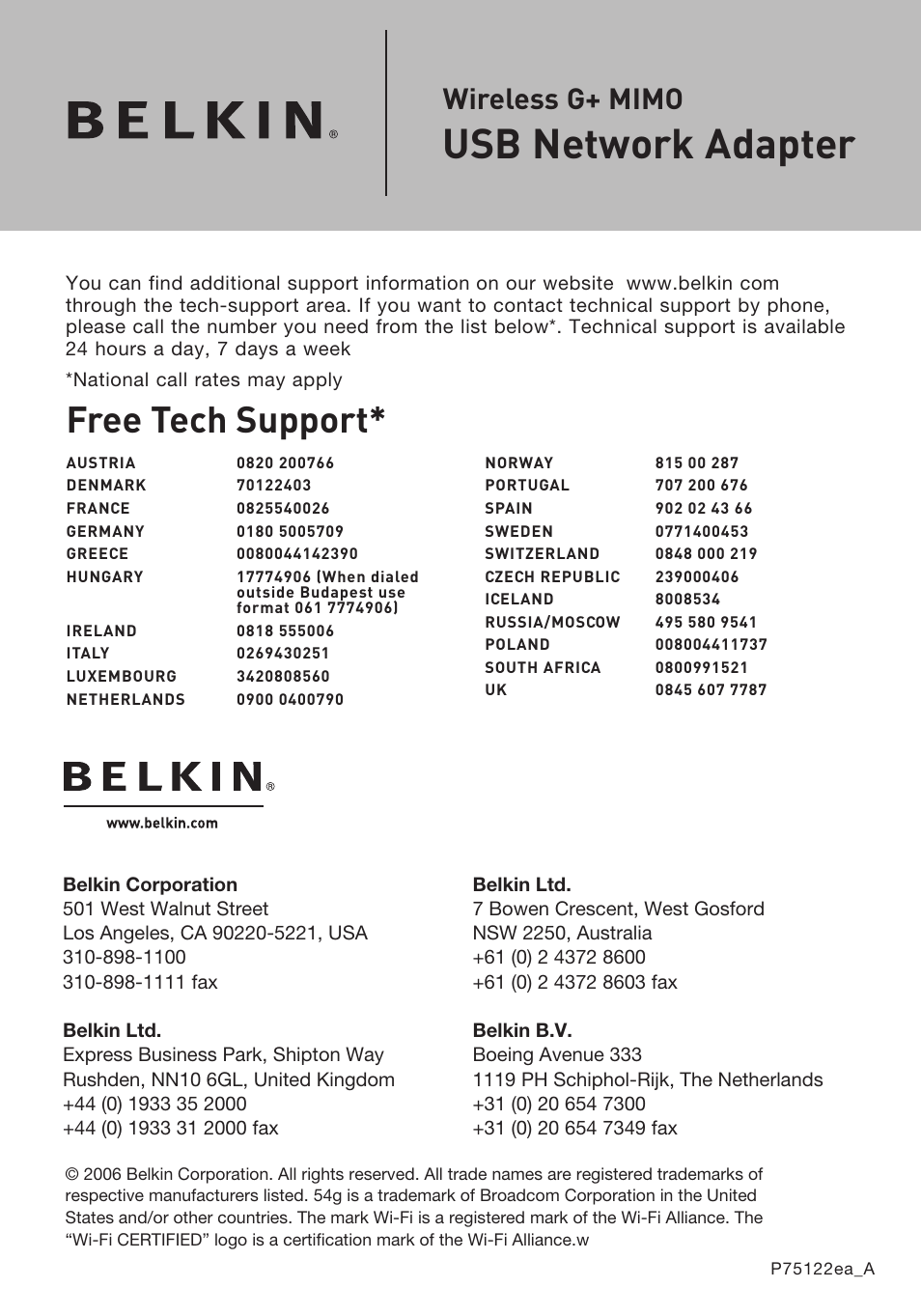 Usb network adapter, Free tech support, Wireless g+ mimo | Belkin F5D9050UK User Manual | Page 42 / 251
