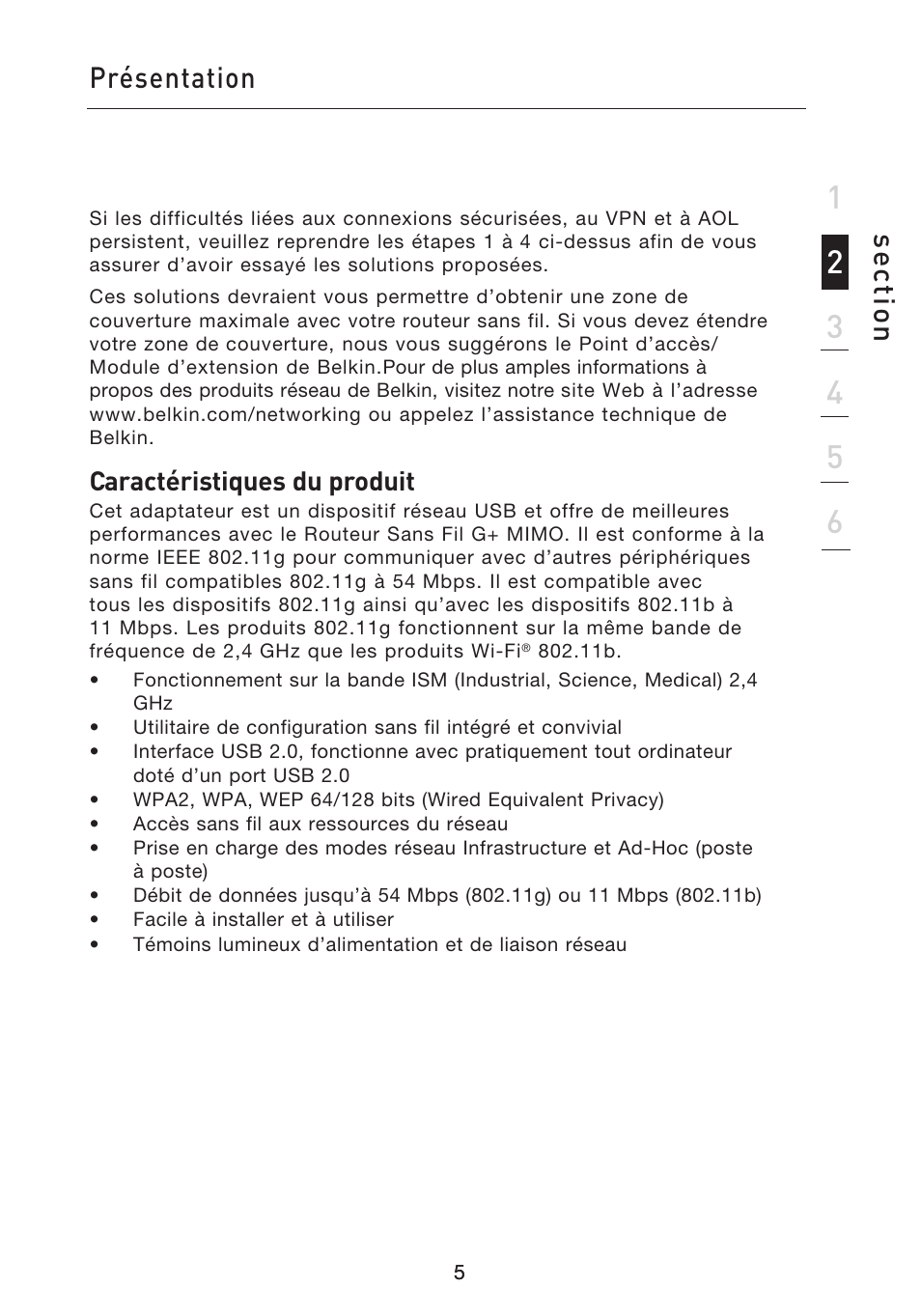 Se ct io n, Introduction, Présentation | Belkin F5D9050UK User Manual | Page 49 / 251
