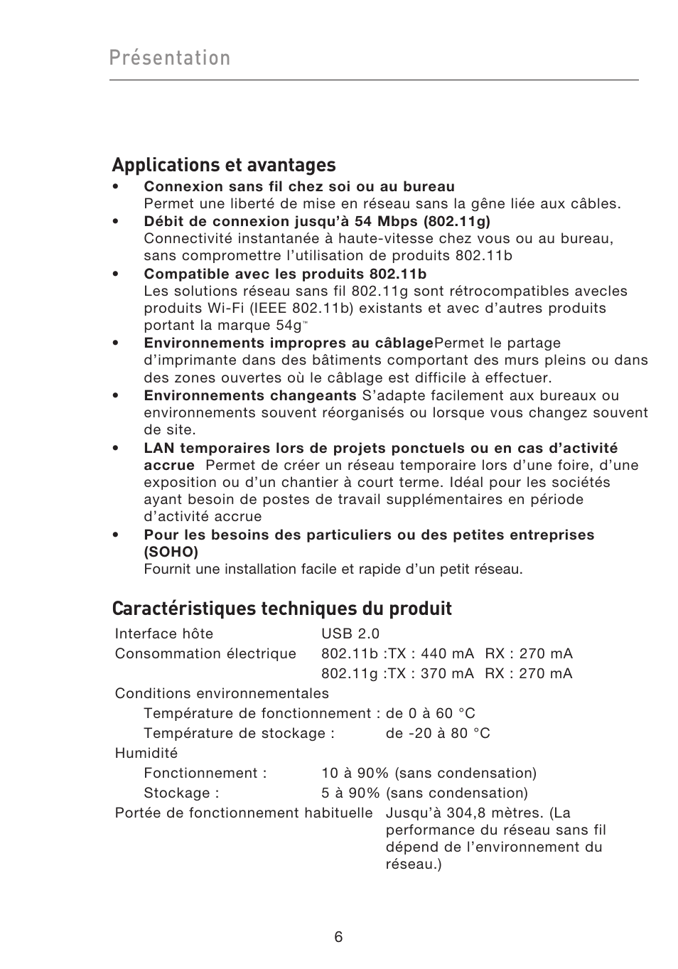 Présentation, Applications et avantages, Caractéristiques techniques du produit | Belkin F5D9050UK User Manual | Page 50 / 251