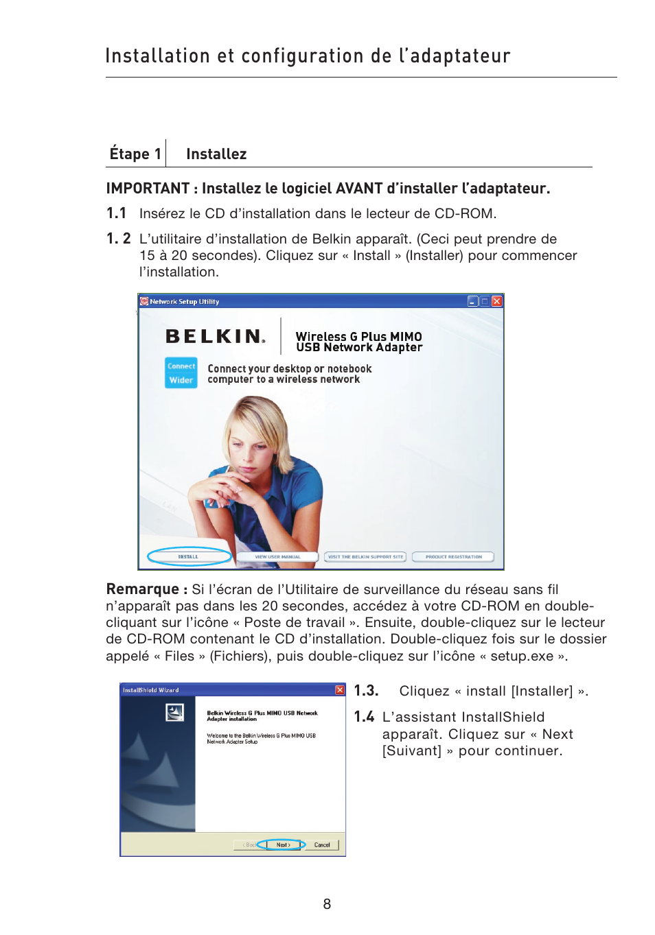 Installation et configuration de l’adaptateur | Belkin F5D9050UK User Manual | Page 52 / 251