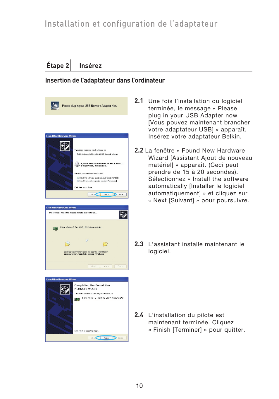 Installation et configuration de l’adaptateur | Belkin F5D9050UK User Manual | Page 54 / 251