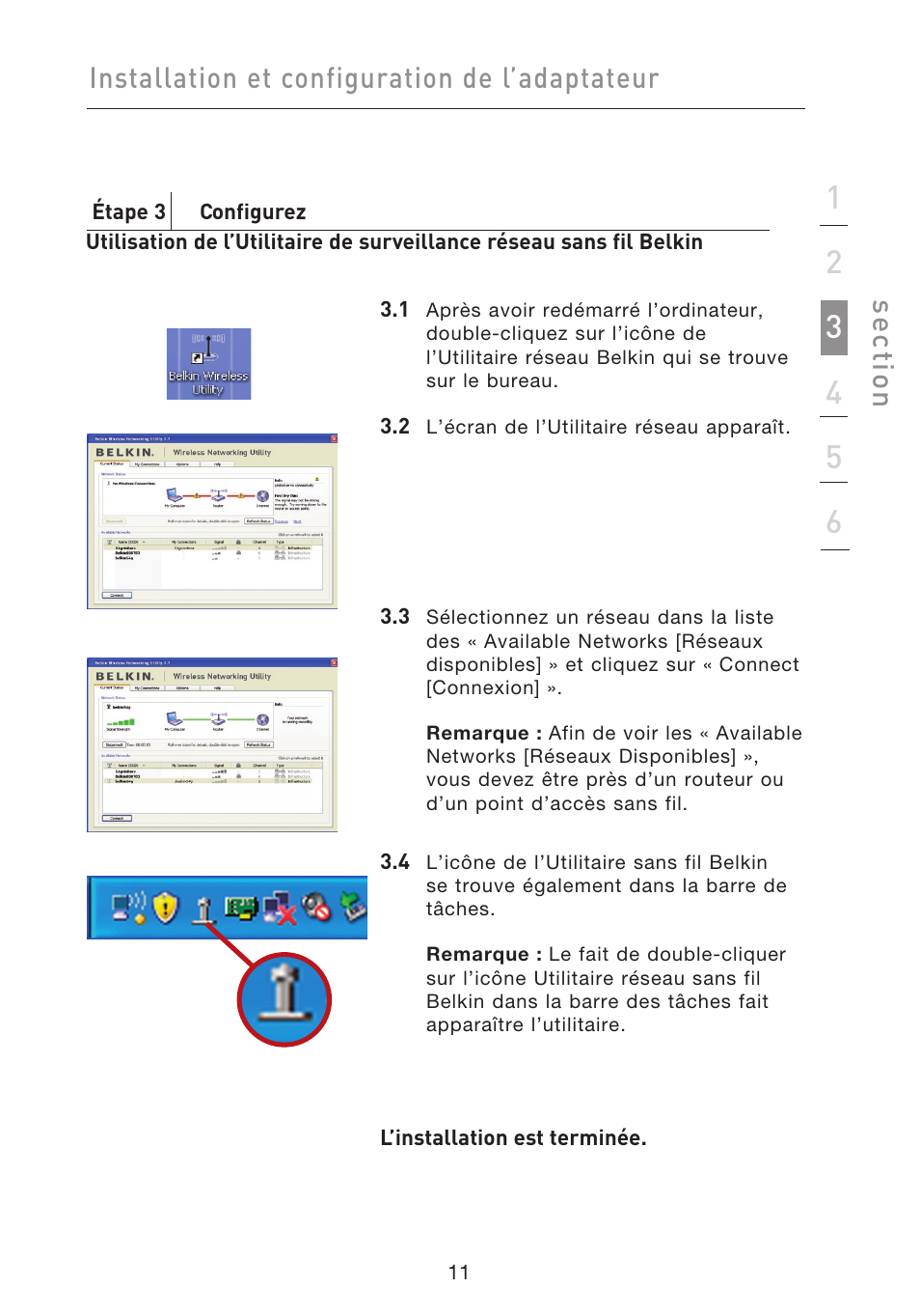 Installation et configuration de l’adaptateur, Se ct io n | Belkin F5D9050UK User Manual | Page 55 / 251