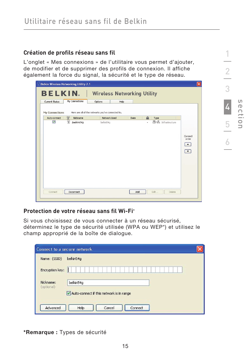 Utilitaire réseau sans fil de belkin, Se ct io n | Belkin F5D9050UK User Manual | Page 59 / 251