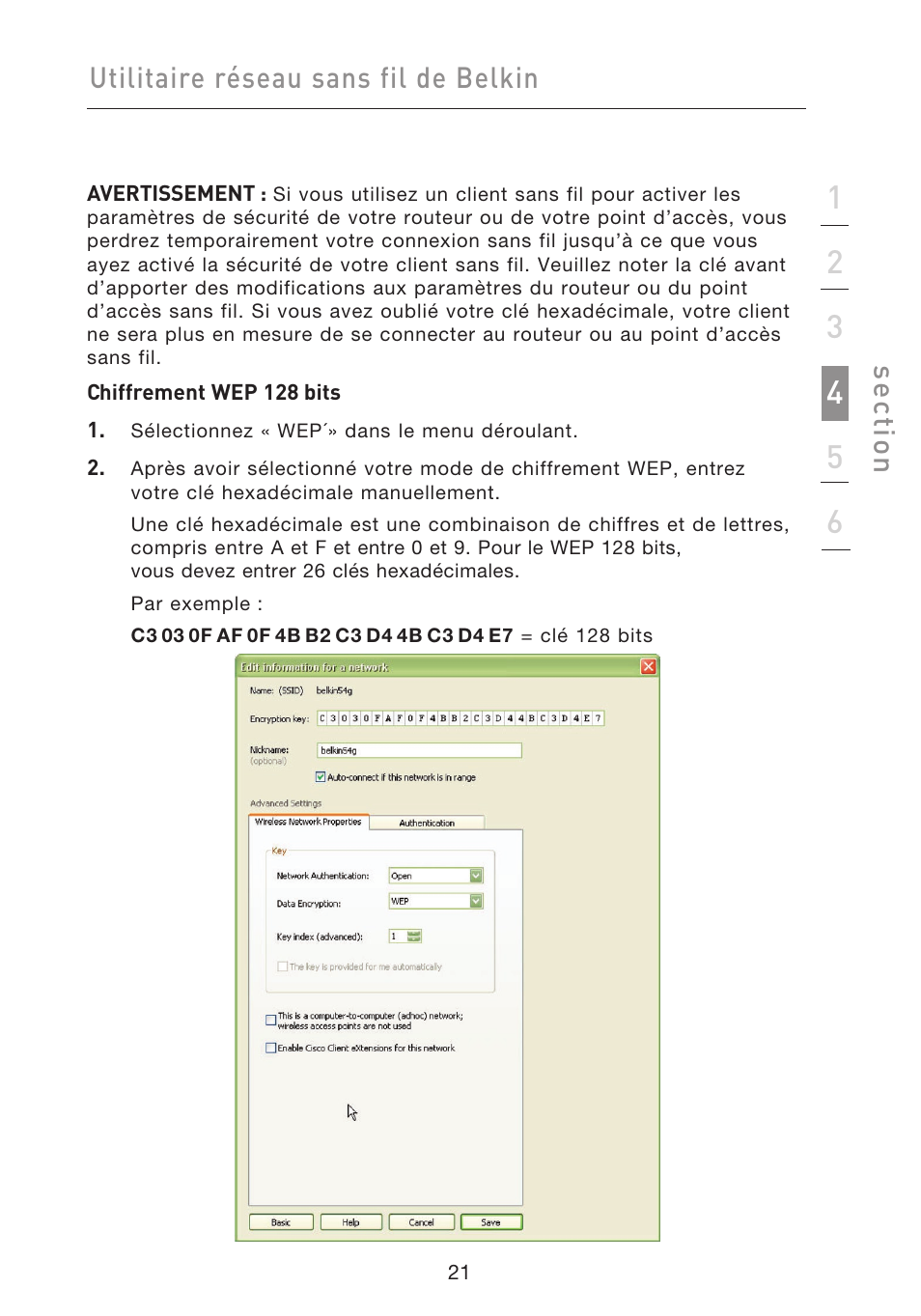 Utilitaire réseau sans fil de belkin, Se ct io n | Belkin F5D9050UK User Manual | Page 65 / 251
