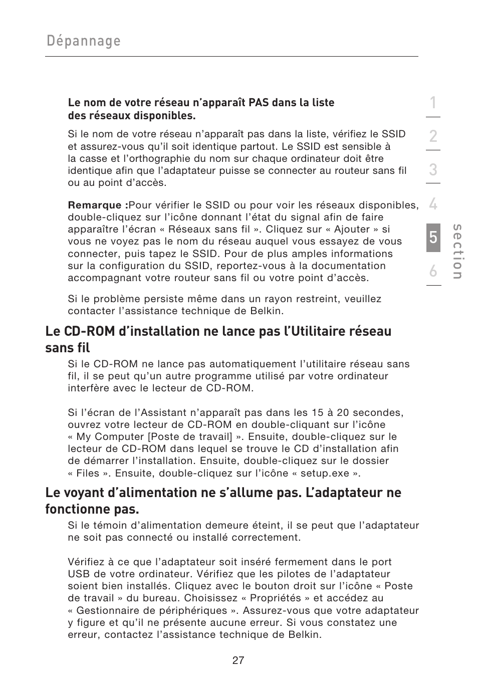 Dépannage, Se ct io n | Belkin F5D9050UK User Manual | Page 71 / 251