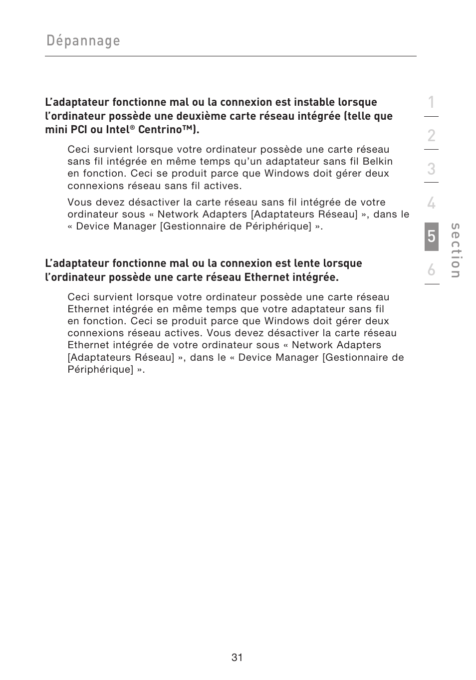Dépannage, Se ct io n | Belkin F5D9050UK User Manual | Page 75 / 251