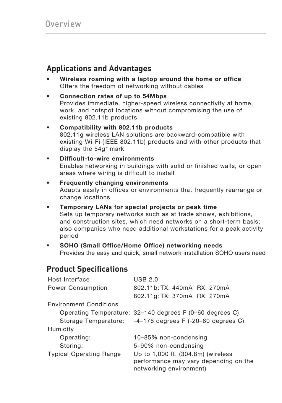 Overview, Applications and advantages, Product specifications | Belkin F5D9050UK User Manual | Page 8 / 251
