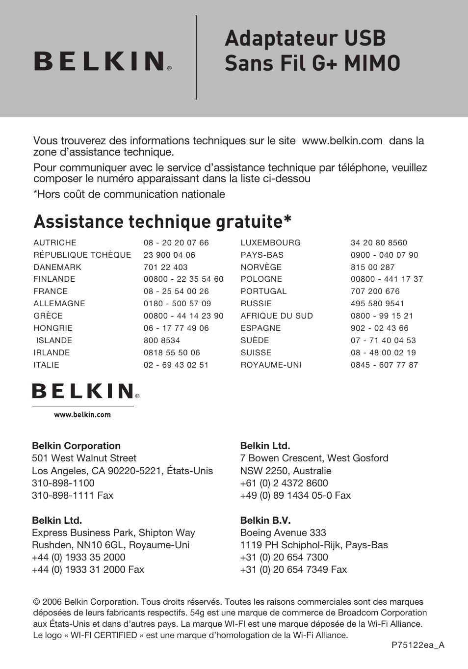 Adaptateur usb sans fil g+ mimo, Assistance technique gratuite | Belkin F5D9050UK User Manual | Page 84 / 251