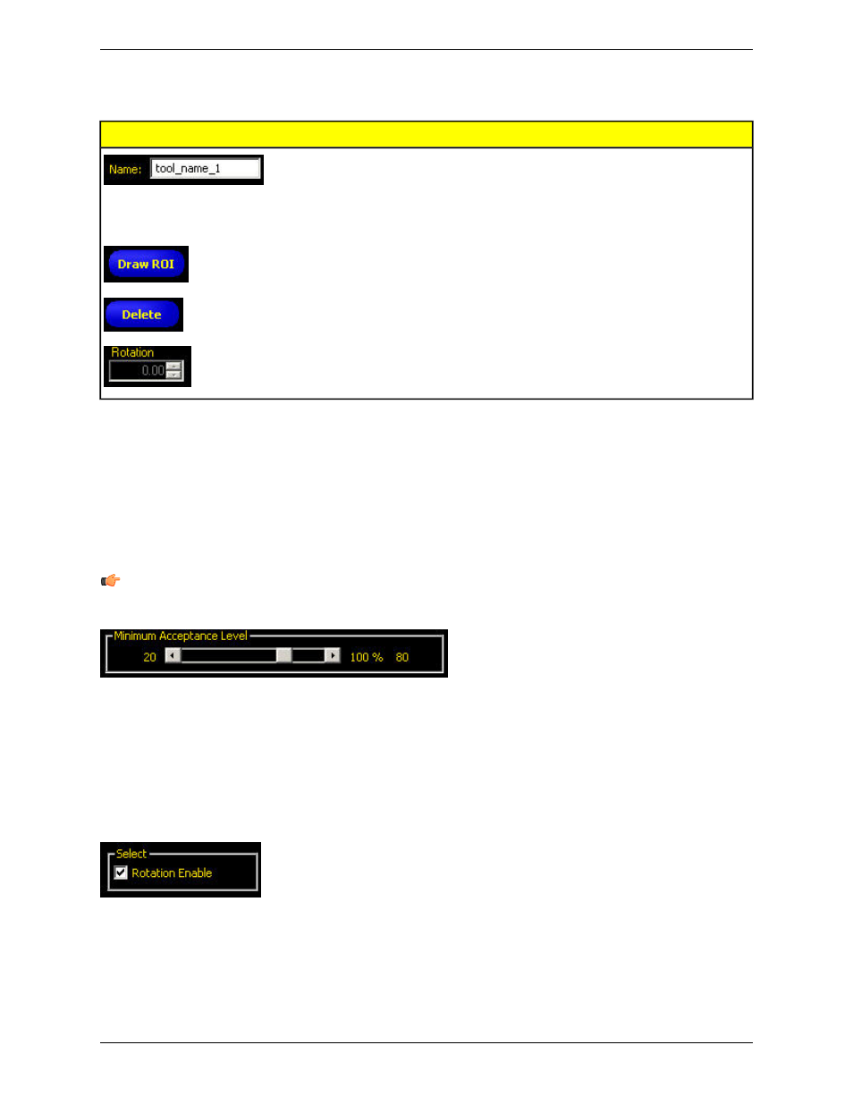 Minimum acceptance level, Rotation enabled, Selected pattern | Banner PresencePLUS P4 COLOR Series User Manual | Page 110 / 384
