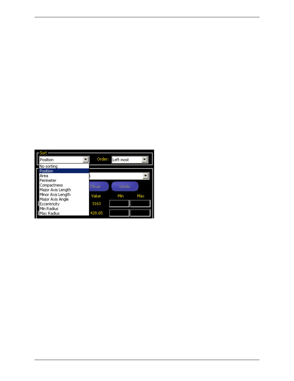 Blob find filter/sort tab, Blob sort, Blob sort order | Blob filter | Banner PresencePLUS P4 COLOR Series User Manual | Page 117 / 384