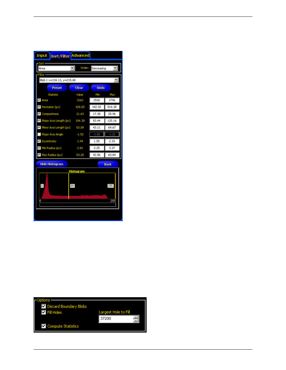 Blob find tool advanced tab, Options | Banner PresencePLUS P4 COLOR Series User Manual | Page 118 / 384