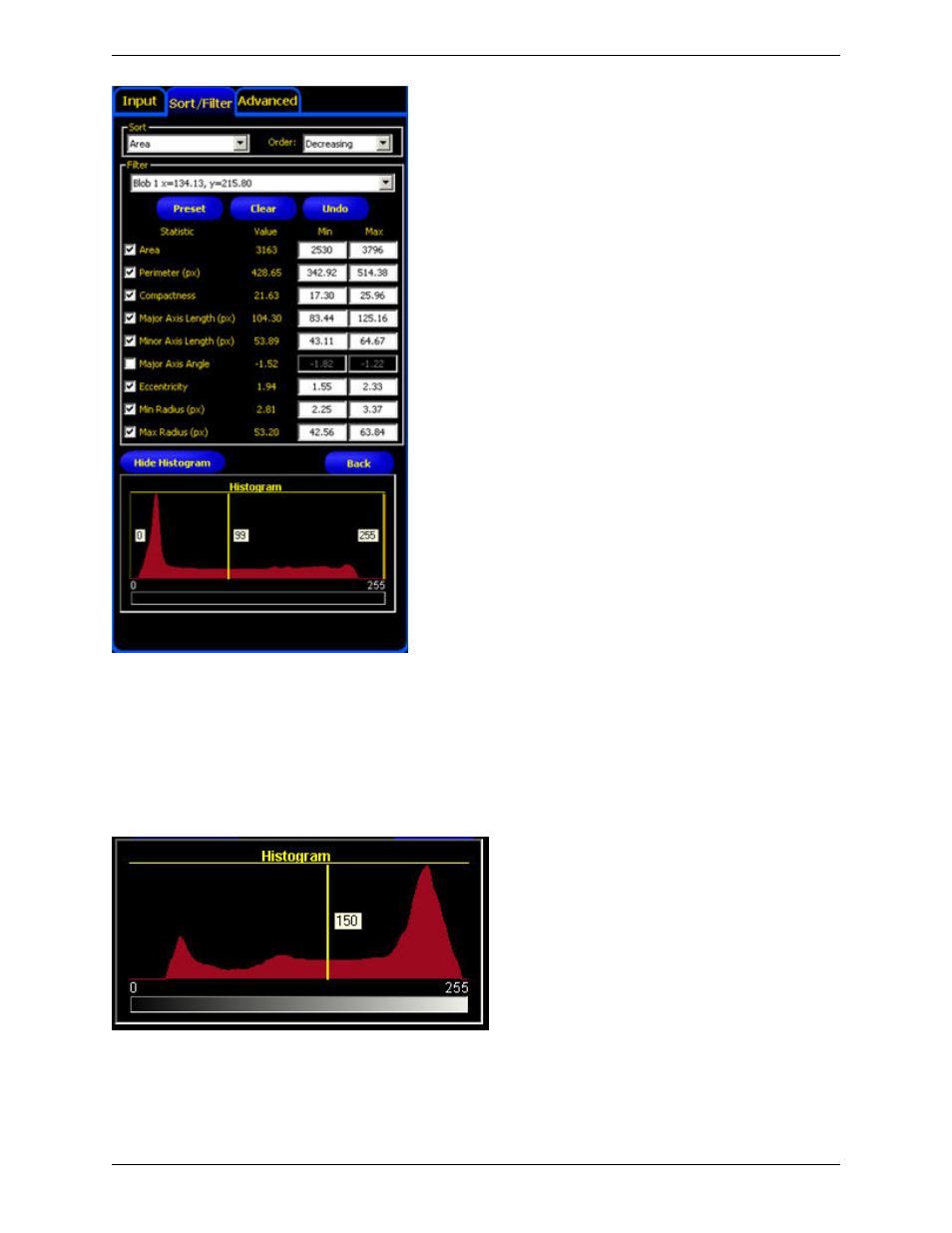 Histogram, Blob detect tool advanced tab | Banner PresencePLUS P4 COLOR Series User Manual | Page 132 / 384