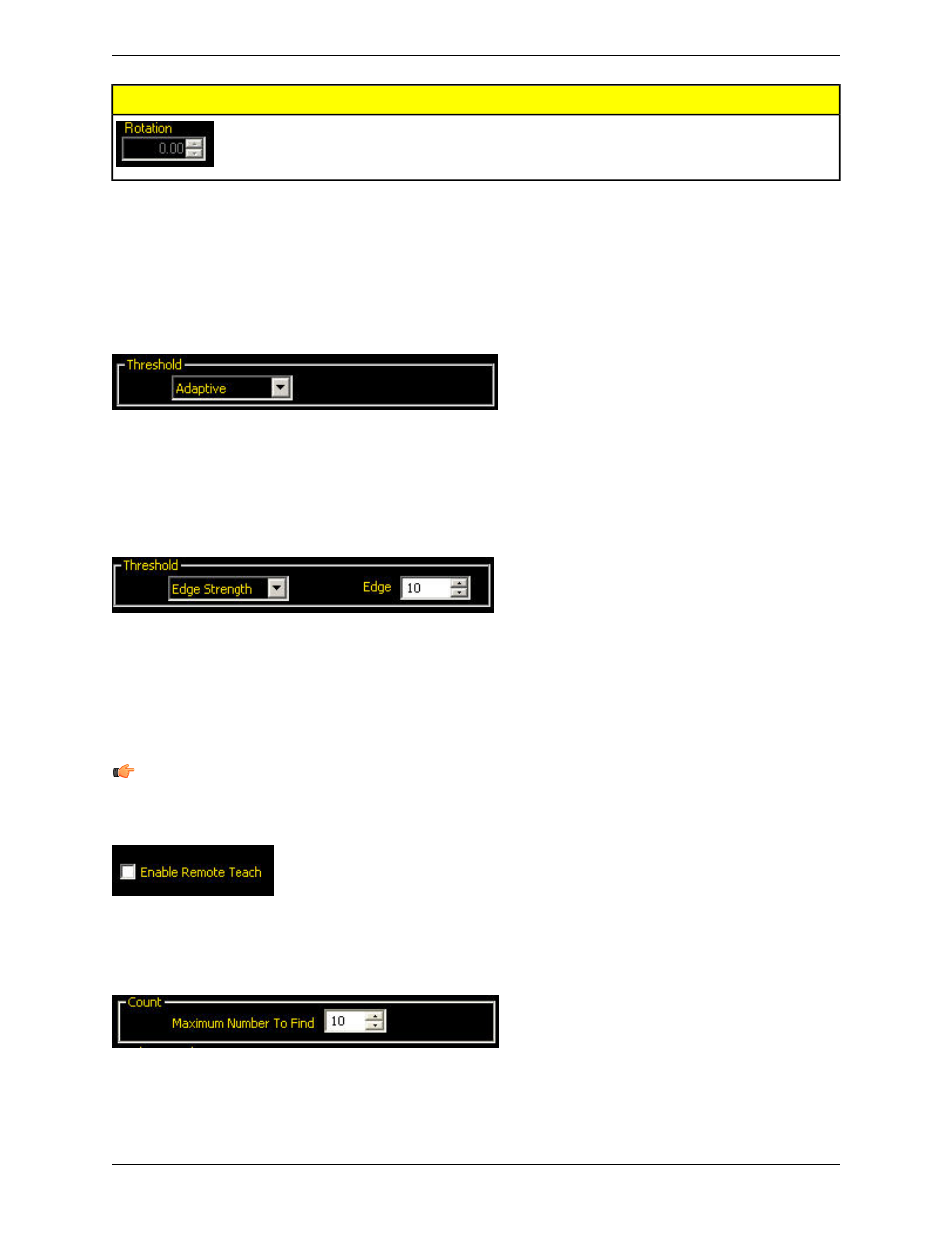 Threshold, Adaptive threshold, Edge strength | Enabling remote teach, Count | Banner PresencePLUS P4 COLOR Series User Manual | Page 151 / 384