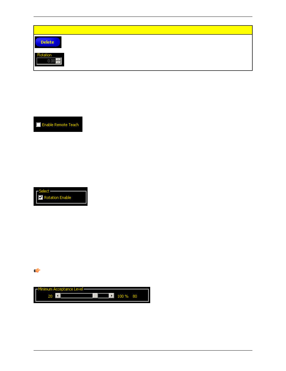 Enabling remote teach, Rotation enabled, Minimum acceptance level | Patterns | Banner PresencePLUS P4 COLOR Series User Manual | Page 169 / 384