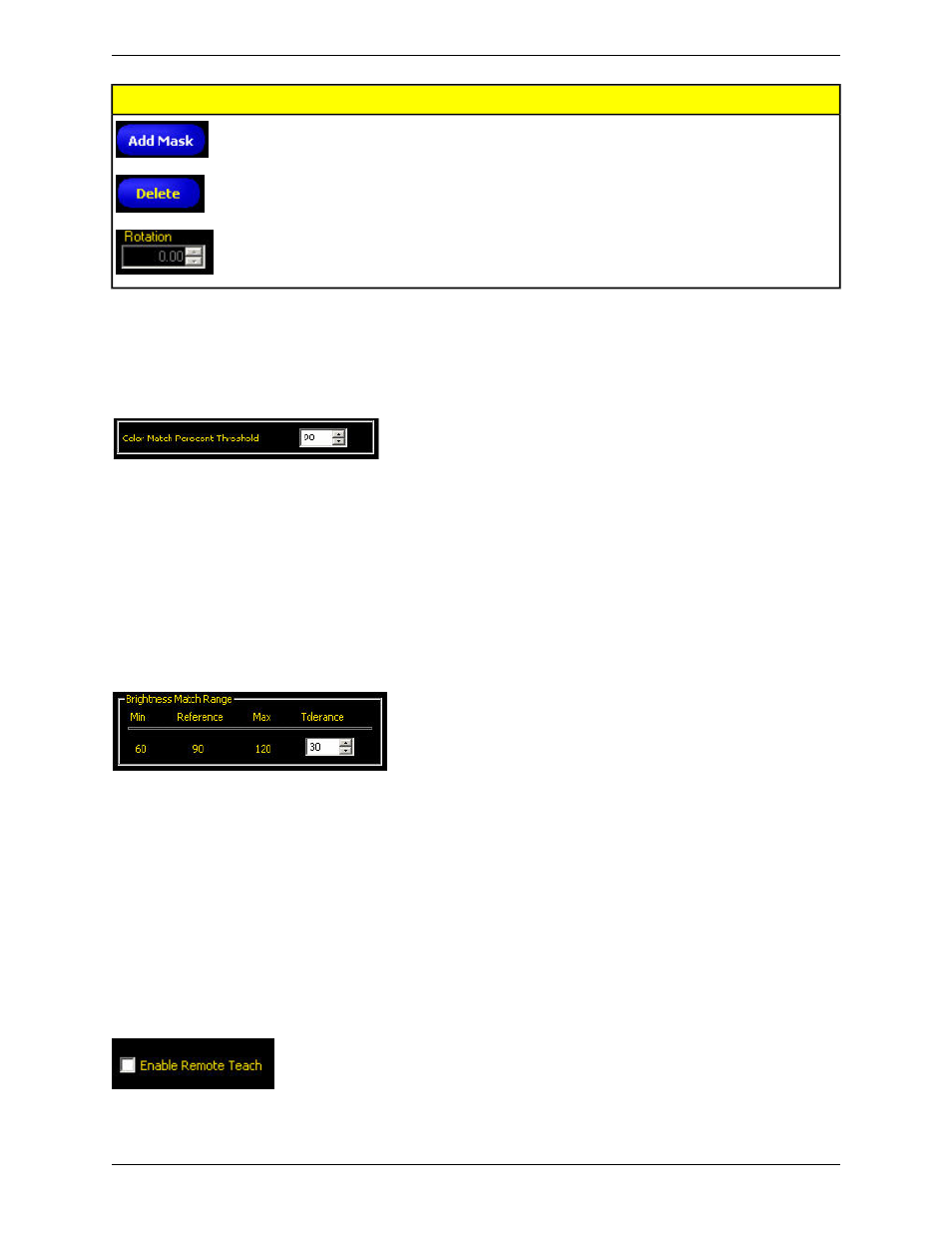 Color match percent threshold, Intensity match range, Enabling remote teach | Banner PresencePLUS P4 COLOR Series User Manual | Page 189 / 384