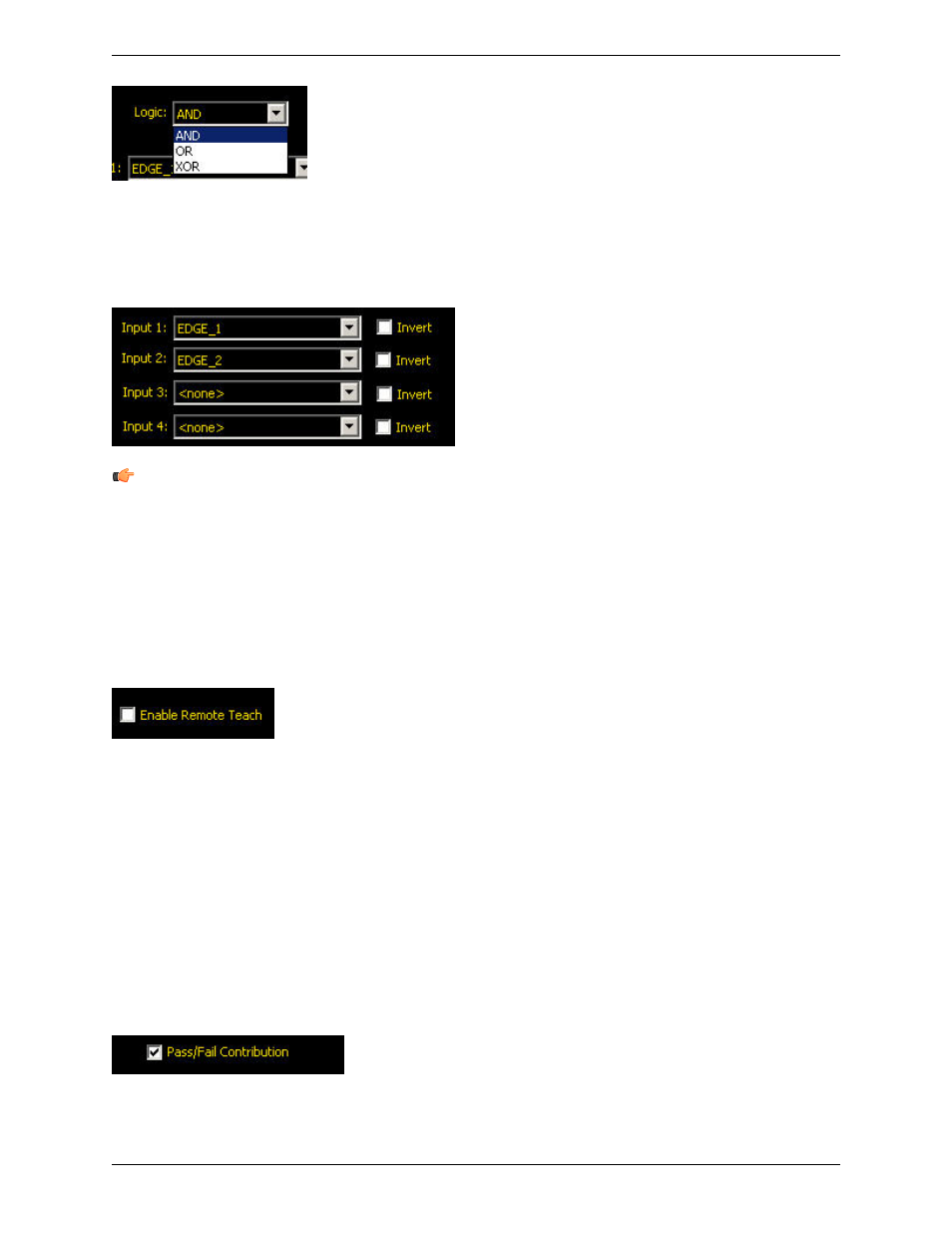 Inputs, Enabling remote teach, Pass/fail contribution | Banner PresencePLUS P4 COLOR Series User Manual | Page 299 / 384