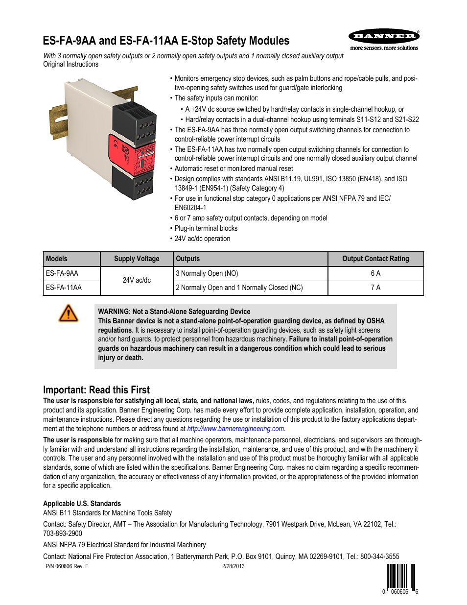 Banner ES-FA-6G Safety Module User Manual | 13 pages