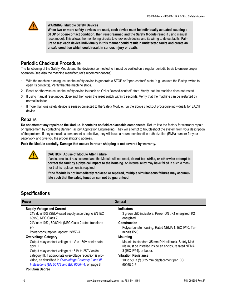 Periodic checkout procedure, Repairs, Specifications | Banner ES-FA-6G Safety Module User Manual | Page 10 / 13