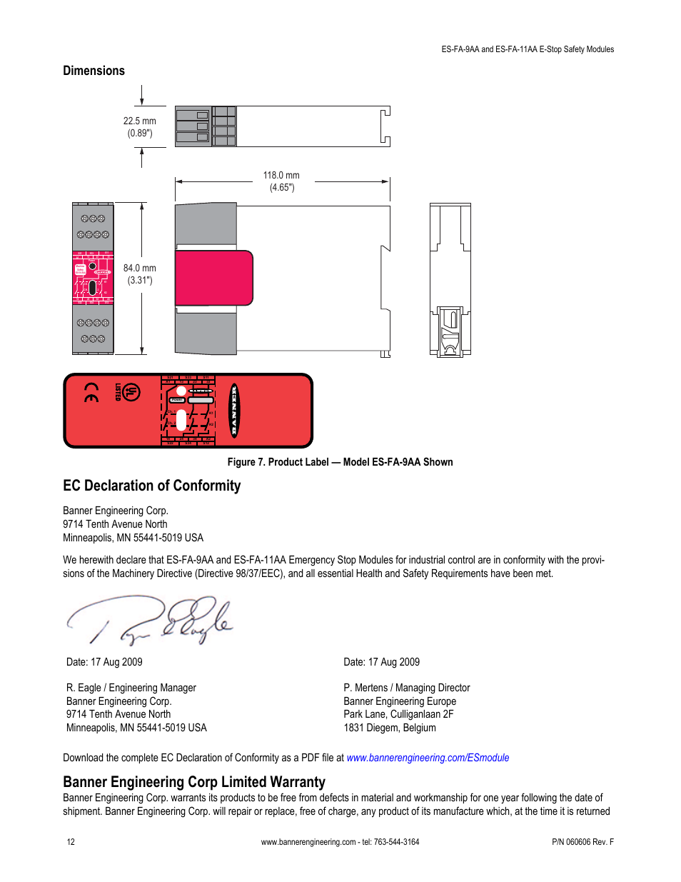 Ec declaration of conformity, Banner engineering corp limited warranty, Dimensions | Figure 7. product label — model es-fa-9aa shown | Banner ES-FA-6G Safety Module User Manual | Page 12 / 13