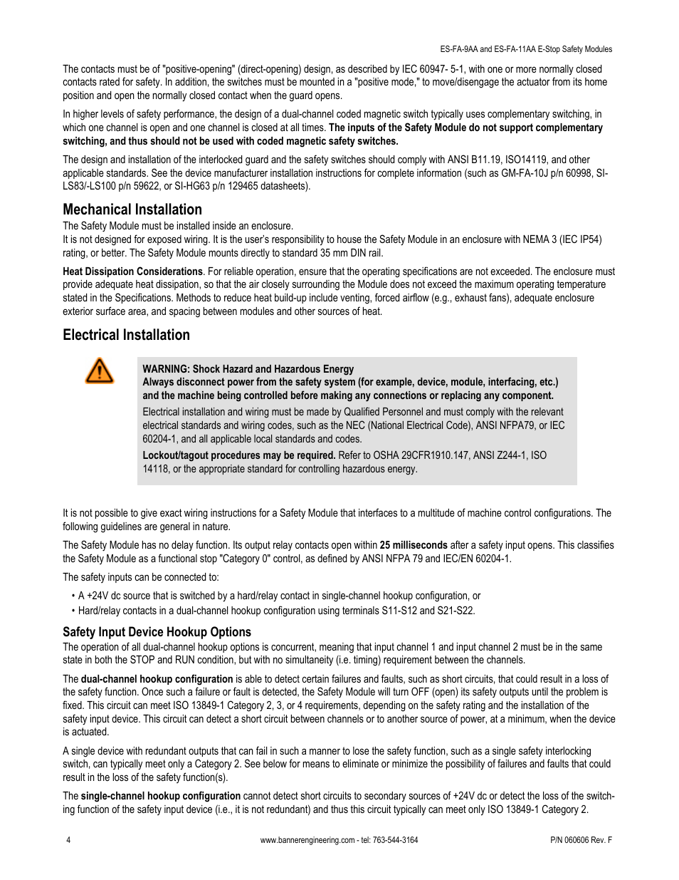 Mechanical installation, Electrical installation | Banner ES-FA-6G Safety Module User Manual | Page 4 / 13