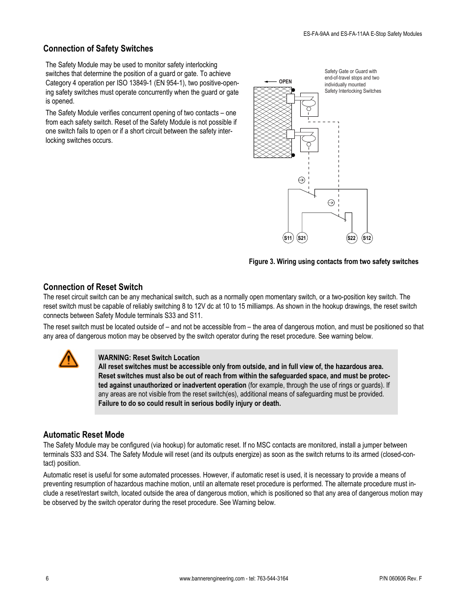 Connection of safety switches, Connection of reset switch, Automatic reset mode | Banner ES-FA-6G Safety Module User Manual | Page 6 / 13