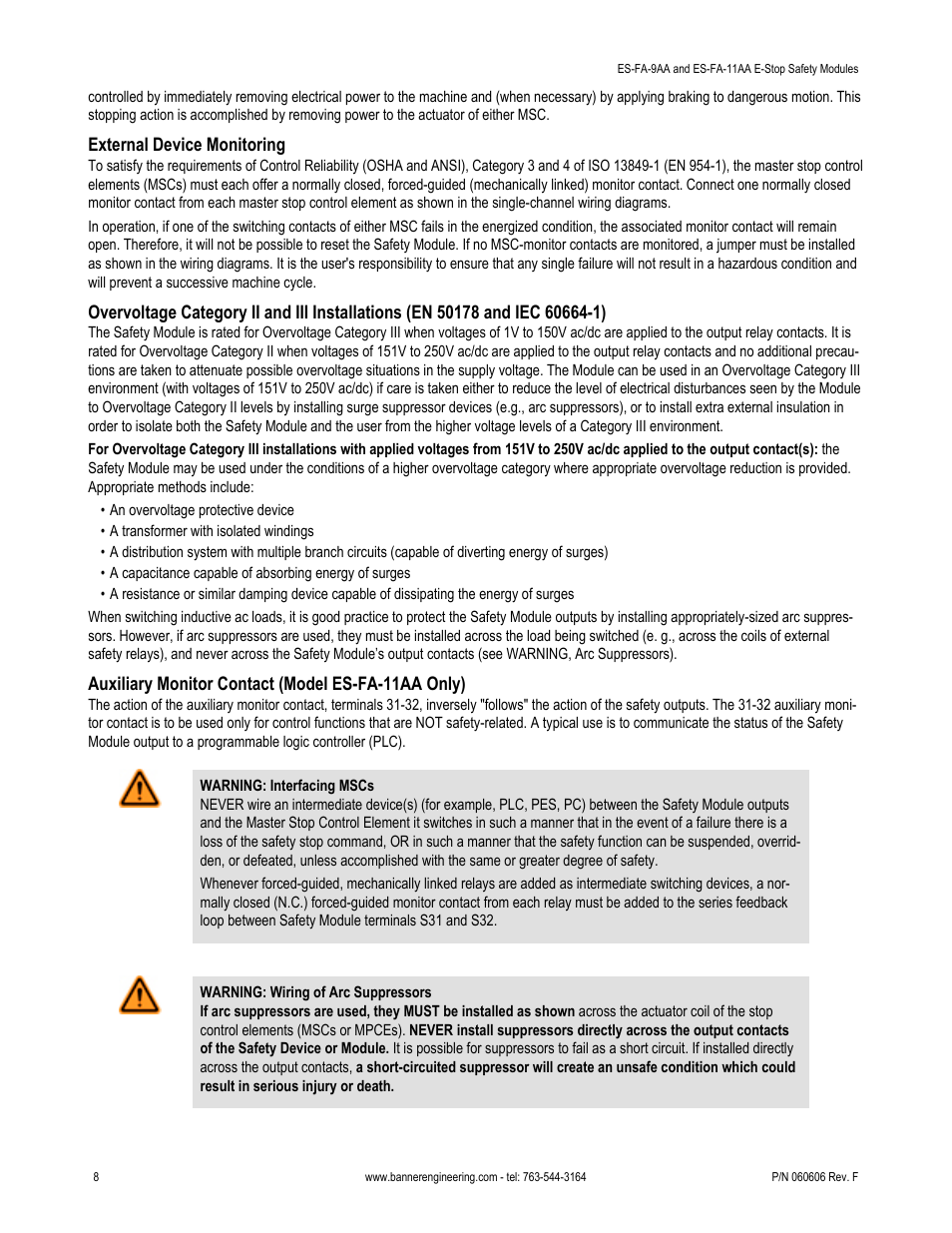 External device monitoring, Auxiliary monitor contact (model es-fa-11aa only) | Banner ES-FA-6G Safety Module User Manual | Page 8 / 13