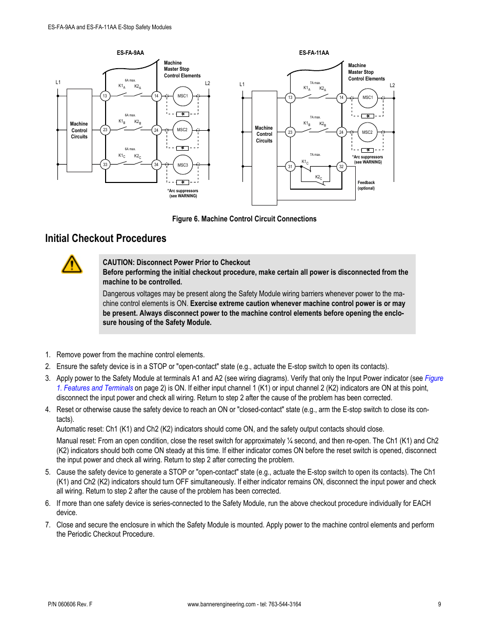 Initial checkout procedures, Figure 6. machine control circuit connections | Banner ES-FA-6G Safety Module User Manual | Page 9 / 13