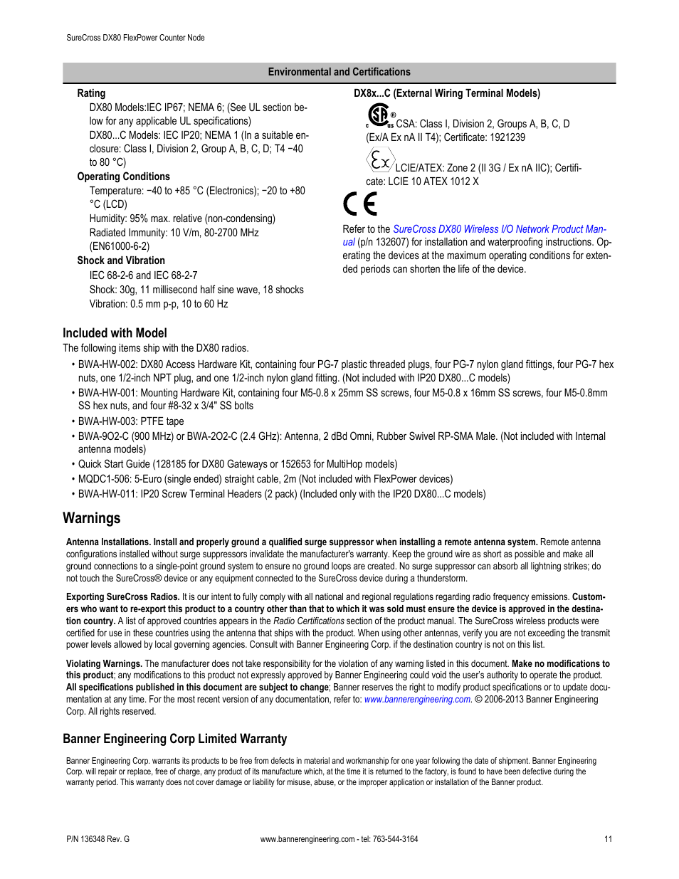 Warnings | Banner SureCross DX80 Wireless Networks User Manual | Page 11 / 12