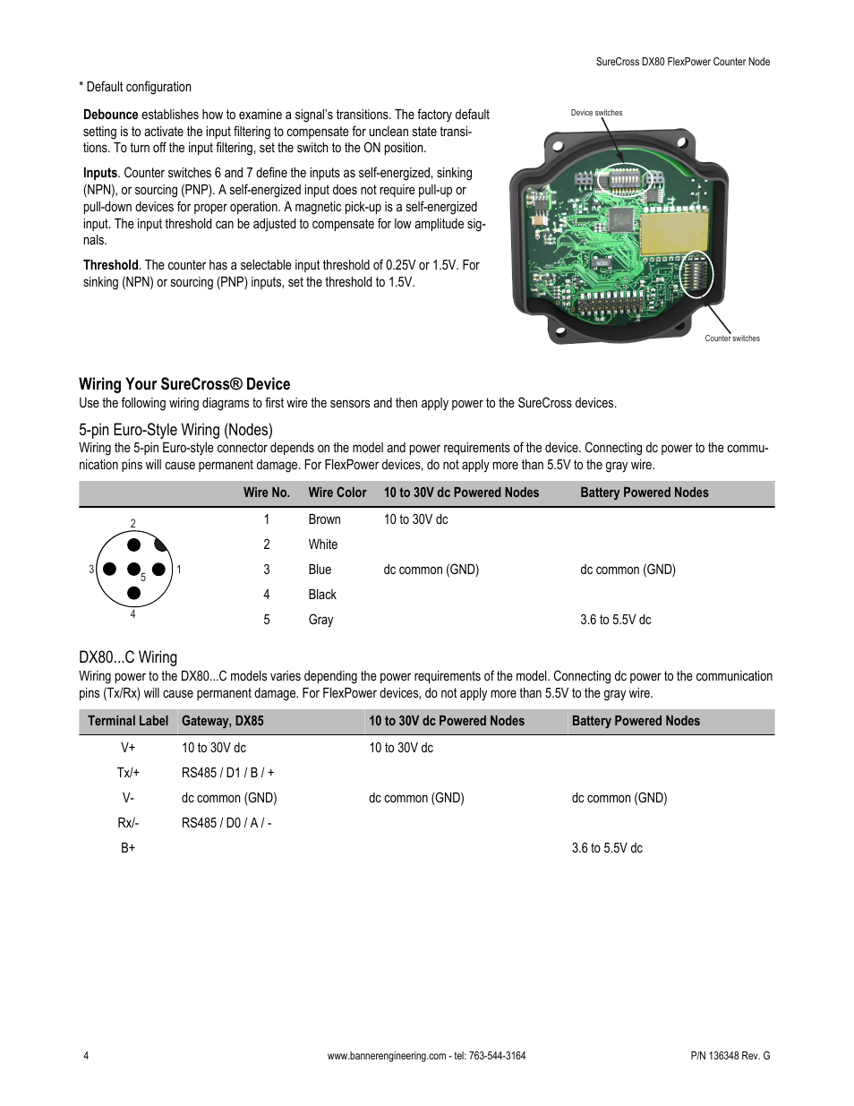 Wiring your surecross® device, Pin euro-style wiring (nodes), Dx80...c wiring | Banner SureCross DX80 Wireless Networks User Manual | Page 4 / 12