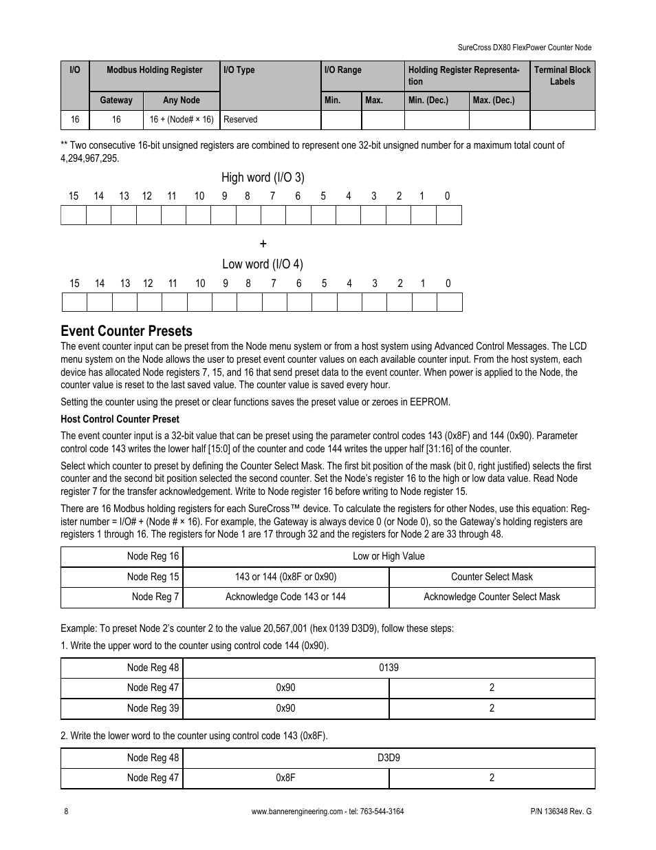 Event counter presets, High word (i/o 3), Low word (i/o 4) | Banner SureCross DX80 Wireless Networks User Manual | Page 8 / 12