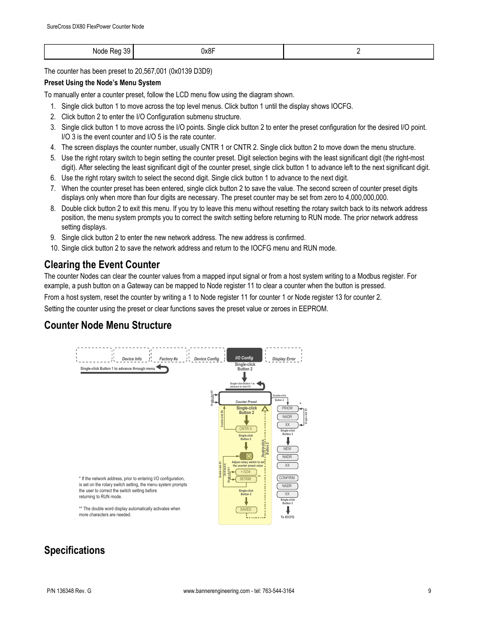 Clearing the event counter, Counter node menu structure, Specifications | Counter node | Banner SureCross DX80 Wireless Networks User Manual | Page 9 / 12