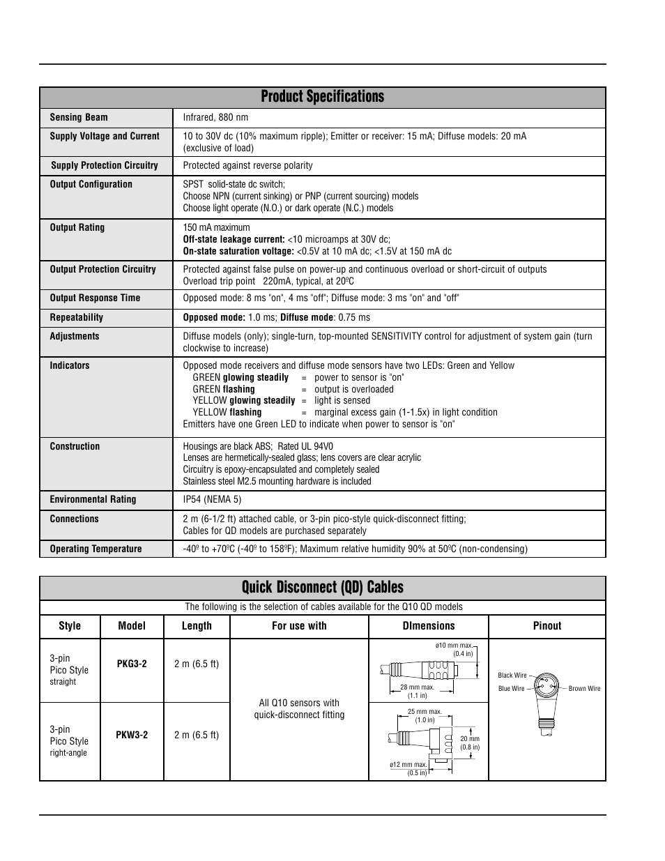 Q10 series, Quick disconnect (qd) cables, Product specifications | Banner Q10 Series User Manual | Page 2 / 4