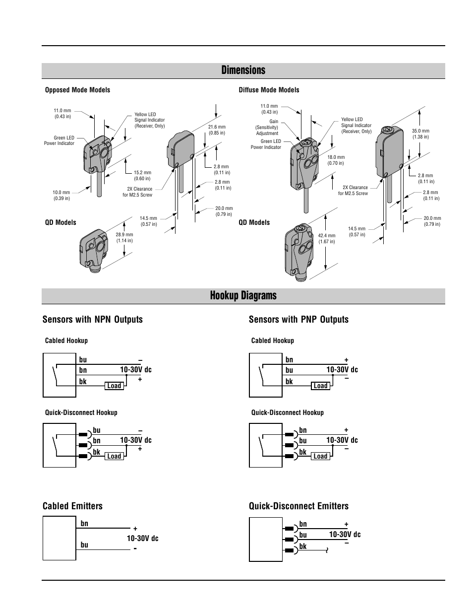 Q10 series, Dimensions hookup diagrams | Banner Q10 Series User Manual | Page 3 / 4