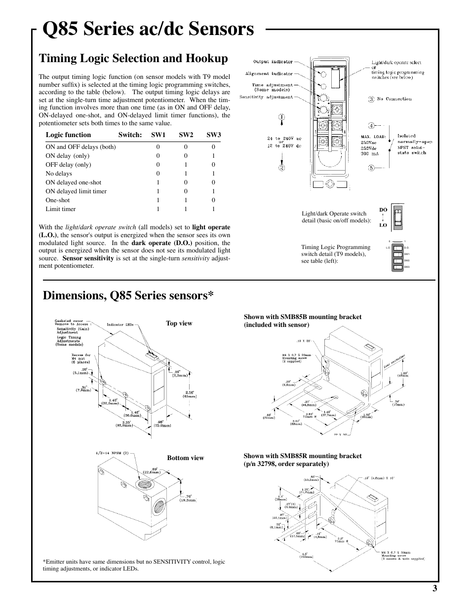Q85 series ac/dc sensors, Dimensions, q85 series sensors, Timing logic selection and hookup | Banner Q85 Series User Manual | Page 3 / 4